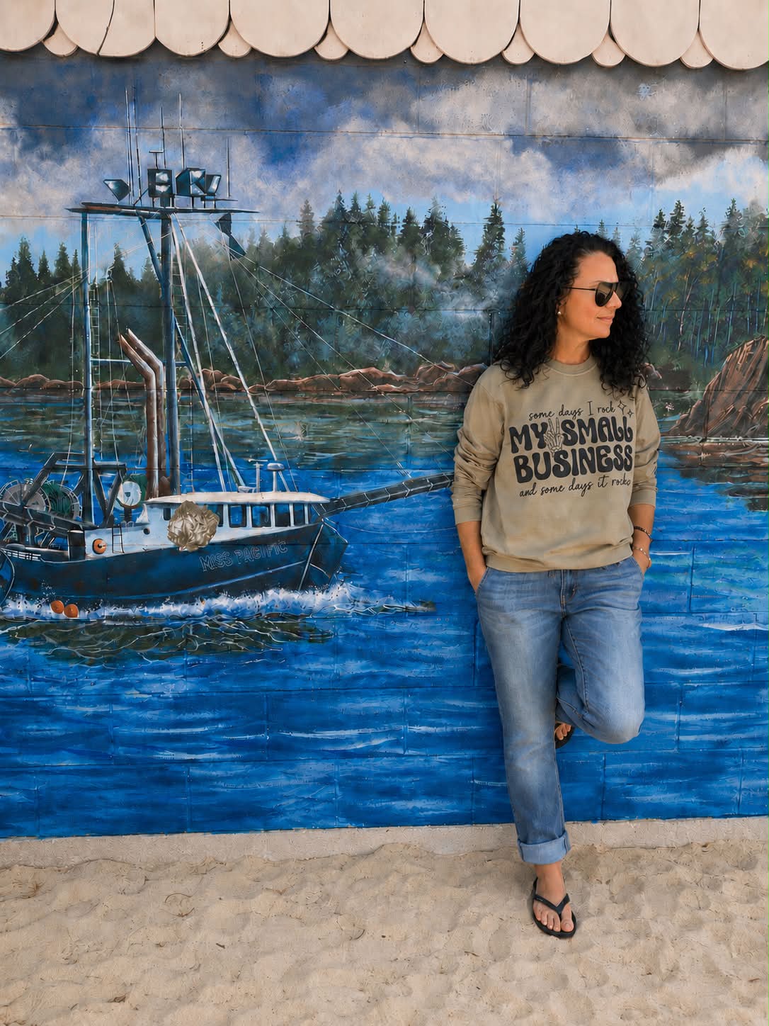 Woman wearing a gray custom My Small Business sweatshirt created by Ridge and Krest Designs